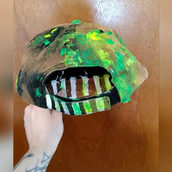 QUEER Bleach Dyed Splatter Painted Hat (lime green and neon yellow) - Picture 8 of 8